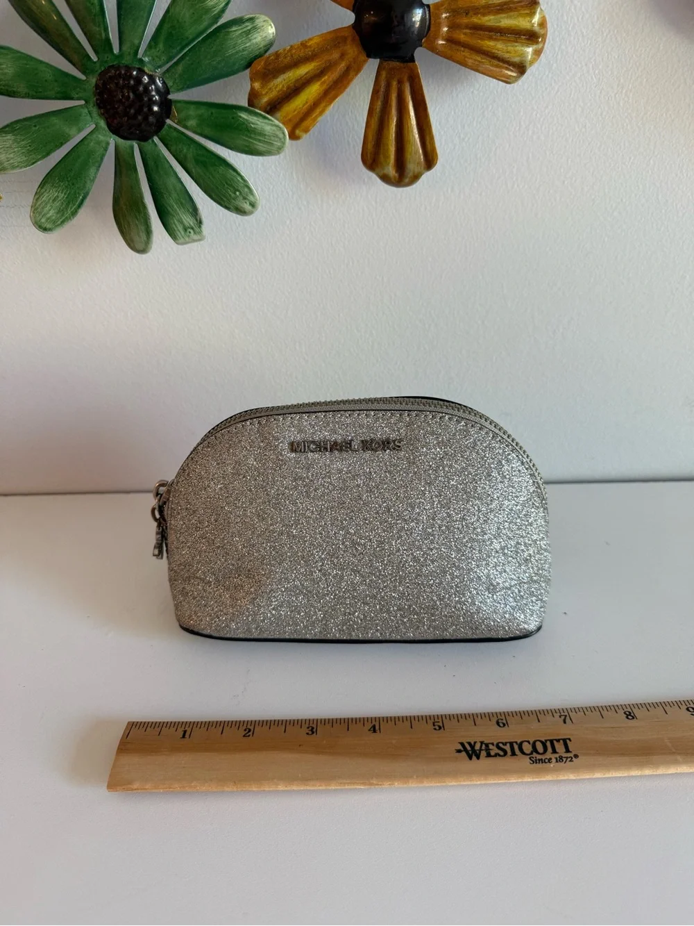 Michael Kors Silver Glitter Cosmetic Makeup Bag Travel Toiletry Zip Pouch Case